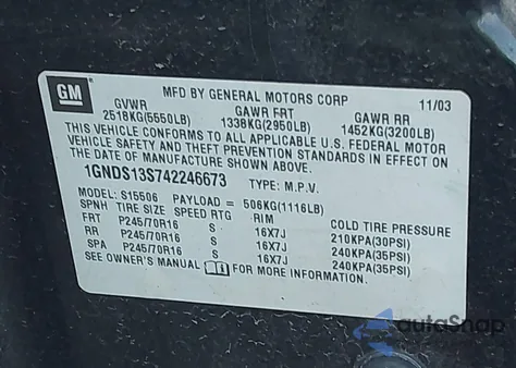 2004 Chevrolet Trailblazer Ls из США, поврежденный, VIN 1GNDS13S742246673